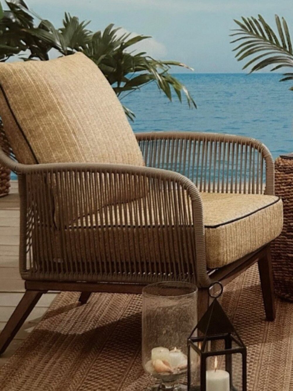 TOMMY BAHAMA 1 Deep Seat Outdoor Cushion Set Poly Woven Faux Straw Black Piping